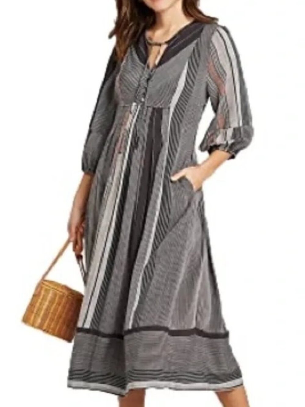 Universal Thread Gray Striped Boho Midi Dress Size L Rayon Cottagecore Western